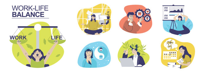 Work-Life balance concept set for web design. Collection with people balancing career and family, managing wellbeing and mental health, keeping job and lifestyle in harmony. Vector illustration.