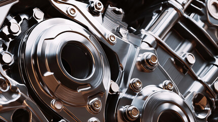 A close-up shot of a sophisticated internal combustion engine, showcasing its intricate metallic components 