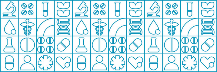 Line hospital  mosaic with dna strands microscope and laboratory flask science pattern.