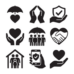 Black and White Icons for Insurance, Protection, and Family Care