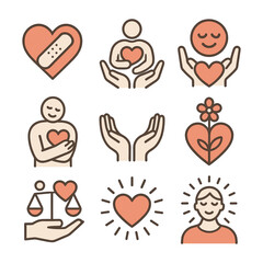 Community Love Icons - Groups Hugging Hearts and Global Care Silhouettes