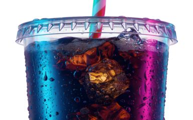 Macro cold soda plastic cup, ice cubes with water drops, neon blue pink lighting, fizzy bubbly beverage, refreshing summer drink, cinematic close up texture, colorful condensation details for banner.