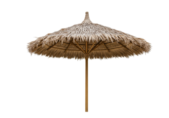 Traditional tropical palm leaf umbrella with thatch roof and wooden pole, isolated on white studio background with copy space, serene tropical vacation concept