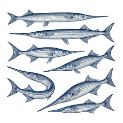 Needlefish and Garfish Vintage Hand Drawn Sketch Set
