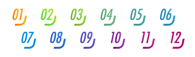 Number bullet points set from 1 to 12 colorful for infographic, list, presentation, workflow, process or progress