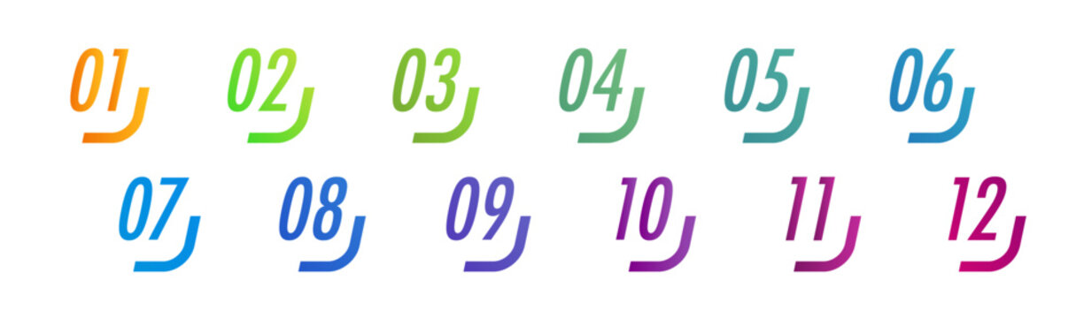 Number bullet points set from 1 to 12 colorful for infographic, list, presentation, workflow, process or progress