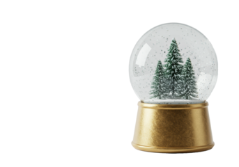 Frosted glass snow globe with christmas trees, snowflakes, gold base, transparent background, copy space, soft studio light, christmas holiday magic concept.