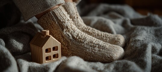 Cozy Knitted Socks and Wooden House in Warm Minimalist Interior