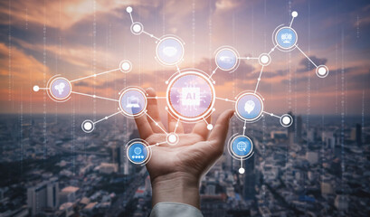 A human hand reaches out towards glowing technology icons symbolizing artificial intelligence over a stunning city skyline at sunset, illustrating innovation and connectivity. Tessel