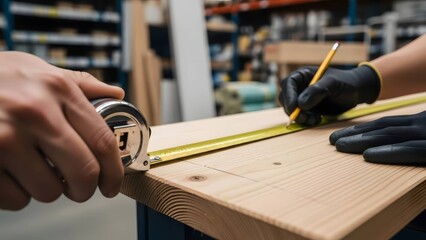 carpenter's hands measuring pine wood plank with tape and pencil for woodworking and construction blogs, carpentry services, and home improvement tutorials