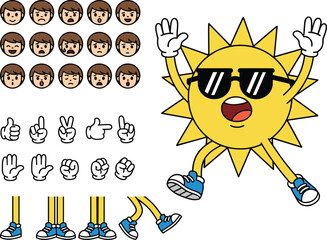 Cartoon sun character design kit with sunglasses, expressions, hand gestures, leg poses, animation parts, emotion set - flat vector illustration