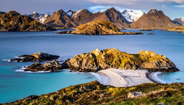 Scenic landscape featuring islands with beaches, and snow-capped mountains under a blue sky with soft clouds - Powered by Adobe
