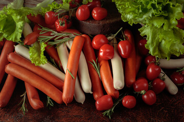 Various thin smoked sausages with salad, tomatoes, and rosemary.