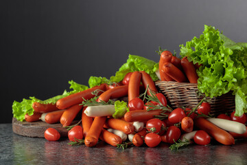 Various thin smoked sausages with salad, tomatoes, and rosemary.