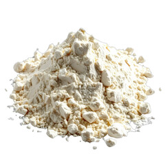 A pile of light-colored powder or flour sits isolated against a stark black background.