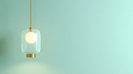 A minimalist pendant lamp with a soft glow hangs in front of a soft green wall. The elegant design is simple yet captivating