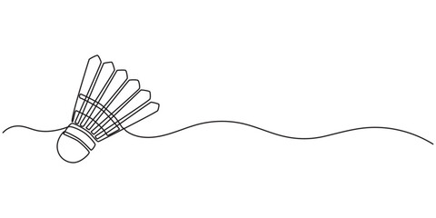 One continuous single line of badminton for sport theme isolated on white background. Badminton shuttlecock one line art. Continuous line drawing of badminton, sport