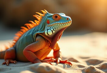 Basking Iguana Sun-Drenched Tropical Beach Rocking Energetic Colors of Sand and Rock Serenity