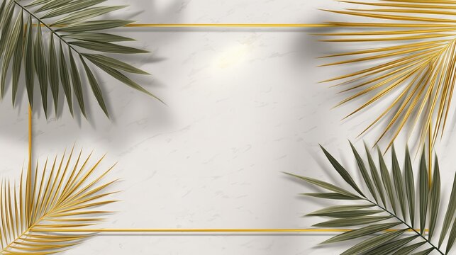 flat-lay for summer sale, border elements palm leaves, thin golden foil accent lines. Premium mockup 