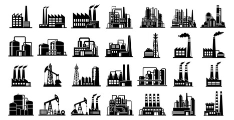 Factory, power plant industrial icons. Factory, power plant, oil refinery and oil processing plant industrial icon. Transparent background SVG version.