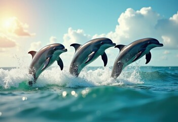Obraz premium Energetic Dolphins Leaping Through Majestic Ocean Waves in a Clear Blue Sea