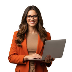 Smiling woman in orange blazer holding laptop isolated on transparent background