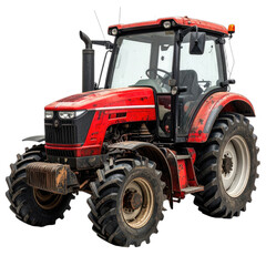 A detailed, isolated image of a red agricultural tractor against a black background.