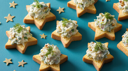 Star shaped appetizers with creamy salad on toasted bread. Festive Christmas and New Year party food concept on blue background