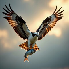 Fototapeta premium Osprey Clutching Fish in Sharp Talons Against Dramatic Sky Backdrop