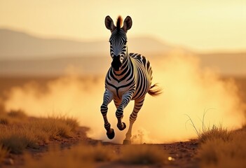 Naklejka premium Striking Striped Zebra Expressing Speed Across Endless Open Plains with Dust Trails