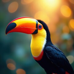 Fototapeta premium Striking Toucan with Oversized Beak Dominates the Scene in Playful Art Style