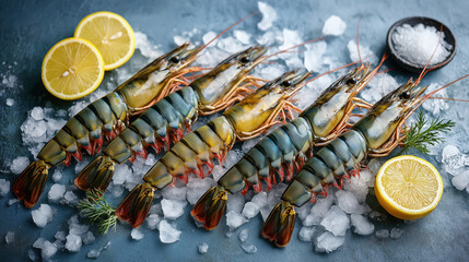 Raw tiger prawns on crushed ice with lemon and sea salt. Fresh black tiger shrimp seafood flat lay