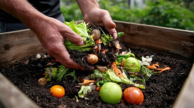 Closeup of hands turning organic waste in a backyard compost bin promoting natural decomposition and sustainable garden care. - Powered by Adobe