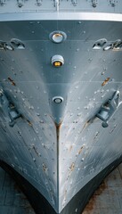 Naklejka premium Vertical View of Ship Bow with Navigation Markings and Rust Trails