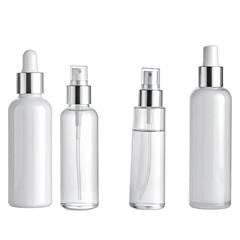 Collection of four white cosmetic bottles with silver caps against a black background.