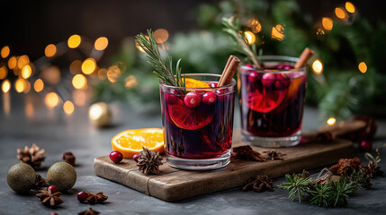 Two glasses of hot mulled wine with cranberries and orange slices. Traditional Christmas winter alcohol drink on wooden board. Festive holiday background with bokeh lights