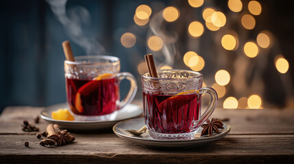 Two glasses of hot mulled wine with spices on a wooden table. Traditional Christmas gluhwein with cinnamon and orange. Winter holiday background with bokeh lights