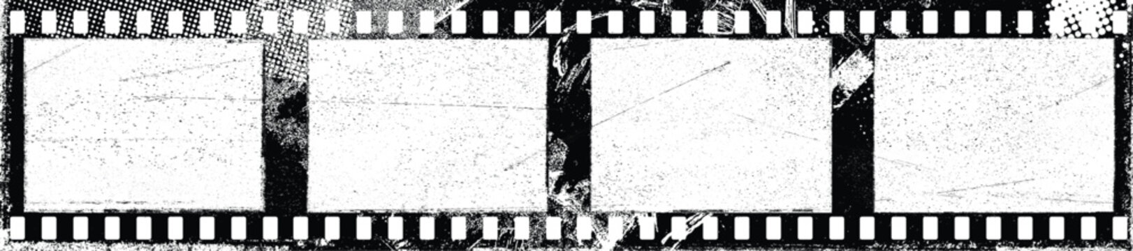 Grunge Filmstrip poster overlay . Dusty, scratchy texture effect. Film frame photo strip. Camera roll vintage design .Photo Album. Grunge effect .Vector
