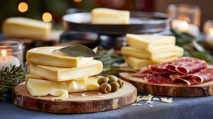 Traditional raclette cheese dinner with melting slices and cured meat. Festive holiday meal with olives and Christmas lights background