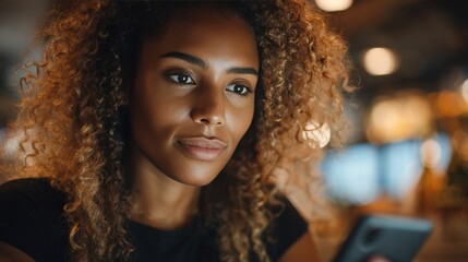 Woman with Curly Hair Using Smartphone for Payment in Modern Retail Setting
