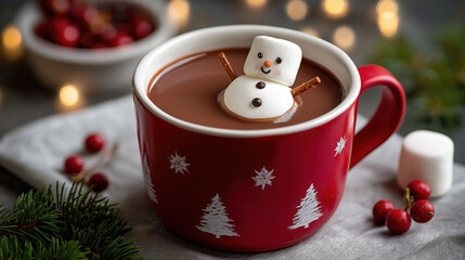 Red mug of hot chocolate with a cute snowman marshmallow. Festive winter drink with pretzel arms. Cozy Christmas holiday background with bokeh lights