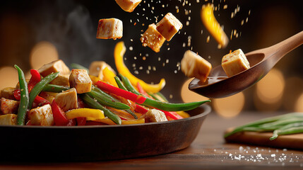 Tofu and vegetable stir fry with ingredients falling into a hot skillet. Cooking healthy asian food with steam and motion
