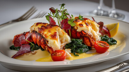 Gourmet lobster tail thermidor with cheese sauce and spinach. Fine dining seafood dish on a white plate with tomatoes and lemon