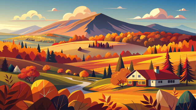 Very beautiful vivid autumn colors surround rolling hills leading toward Burke Mountain, glowing beneath clear seasonal light. A peaceful New England landscape blending warm tones and scenic rural bea