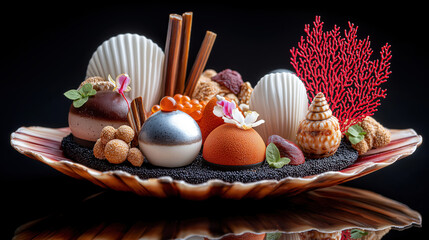 Artistic gourmet dessert served in a seashell with chocolate mousse and red coral. Luxury fine dining pastry with edible flowers and molecular elements on black background