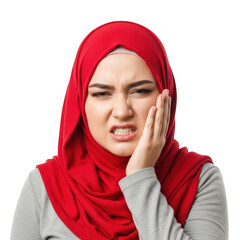 Woman in red hijab experiencing toothache isolated on transparent background