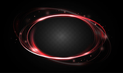 Glowing neon red oval frame with flowing energy swirl and sparkling particles on dark transparent background, vector EPS illustration.
