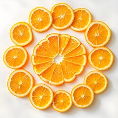 Fototapeta premium Vibrant orange slices arranged in a circular pattern, flat lay, healthy food concept.