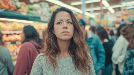 Irritated Woman with Wavy Hair in Crowded Supermarket Aisle