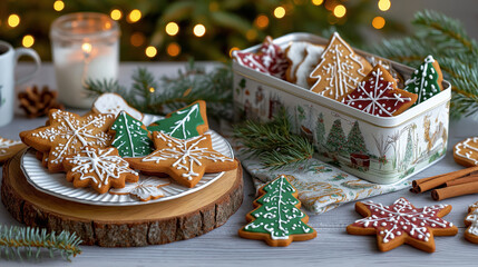 Homemade Christmas gingerbread cookies shaped like stars and trees. Decorated biscuits with icing in a tin box and on a plate. Festive winter holiday background with bokeh lights